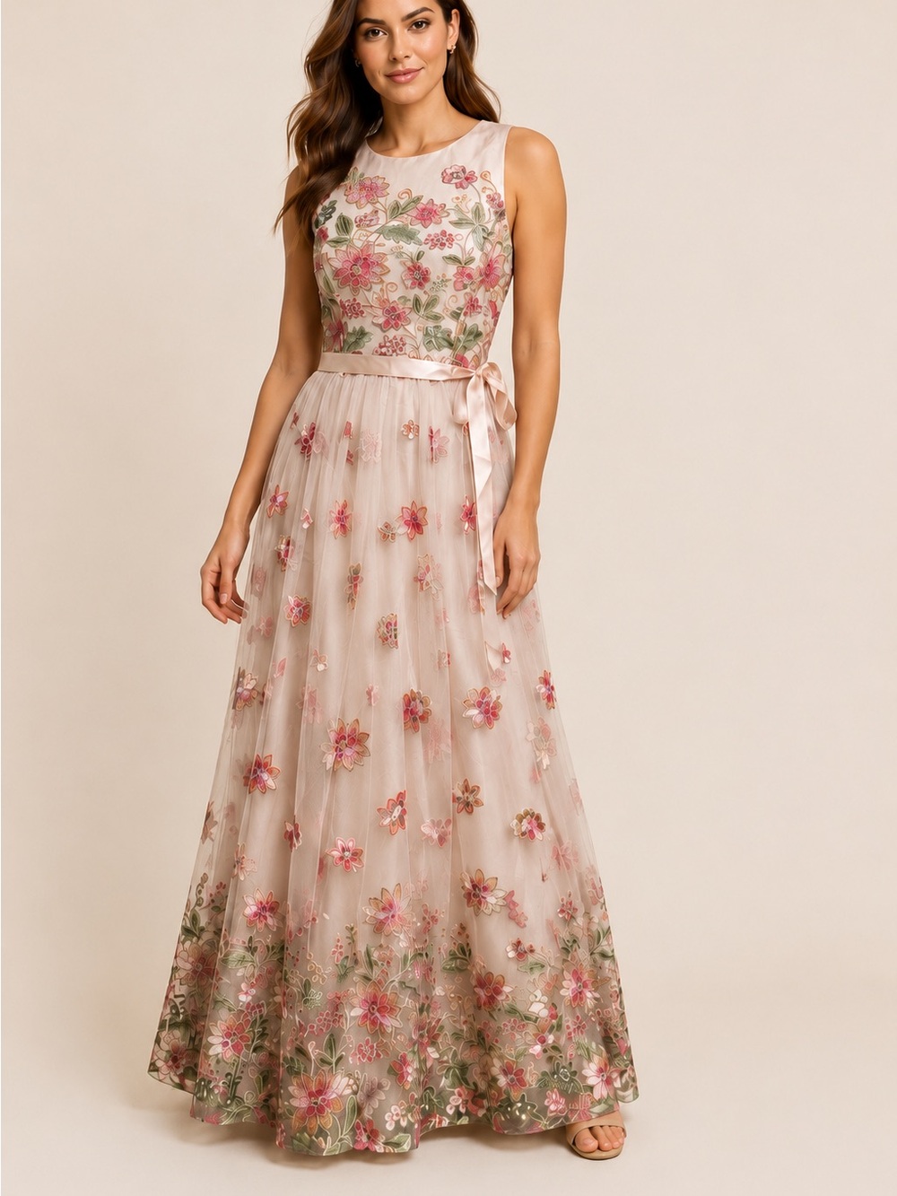 Tahari Arthur S. Levine Floral Embroidered Maxi Gown Dress Tulle Pink Cream Sz 6